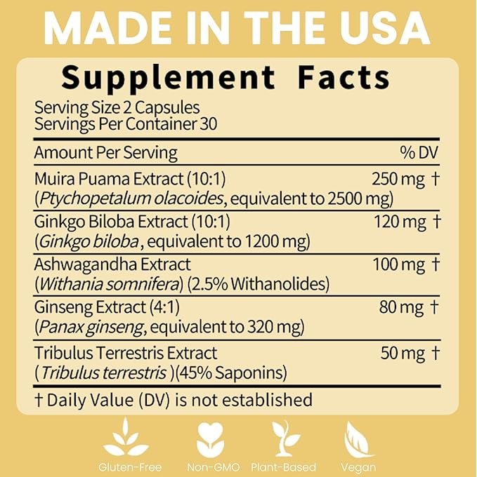 Ginseng Ashwagandha Gingko Tribulus, Herbal Supplements 60 Capsules, Adaptogen Energy Stamina Immune Antioxidants Gut Health, Made in The USA