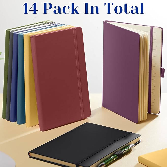 Laumoi 14 Pack Lined Journal Notebooks 5.5 x 8.2 Inch A5 Hardcover Notebook College Ruled Notepad with Pen Holder PU Leather Ruled Lined Journals for School Business Work Writing(Retro Color)