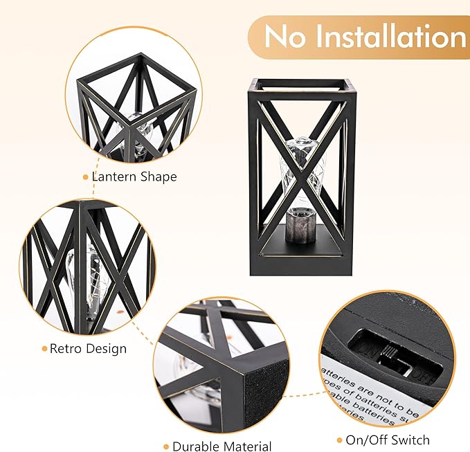 WINGBO 2 Pack Retro Battery Powered Table Lamps, Battery Operated Cordless Lamp Set, Portable Nightlight Decorative Light for Living Room Dining Room Bedroom Entryway Patio Backyard, Black Finish