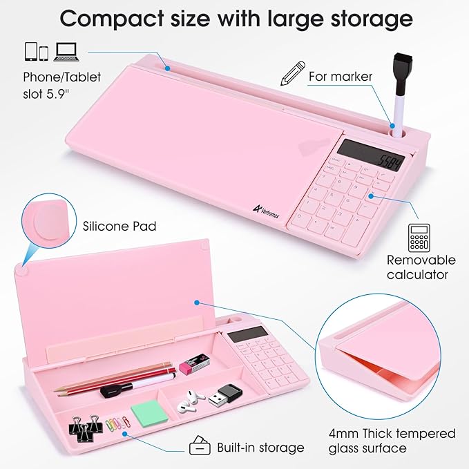 Varhomax Glass Desk Whiteboard Pink with Calculator, Desktop Dry Erase White Board with Storage, to Do List Memo Notepad for Home and Office