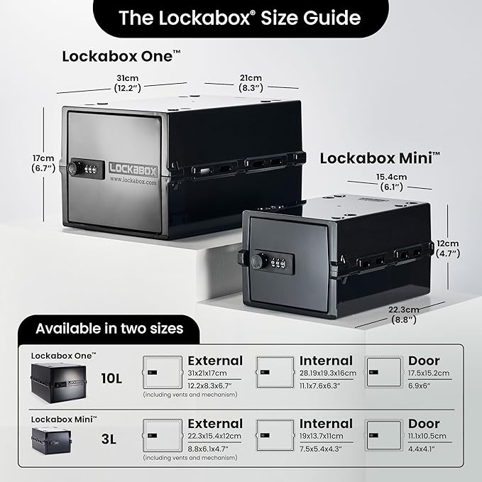 Lockabox One™ | Compact and Hygienic Lockable Storage Box for Food, Medicines, Tech and Home Safety | One Size 12 x 8 x 6.6 inches externally (Jet)