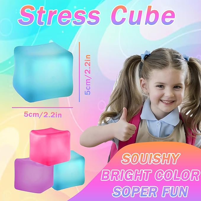3Pcs Stress Cube Squishy Toys, Slow Rising Ice Cube Stress Balls, Sensory Fidget Toys for Anxiety Relief, Sensory Ice Nee Cube Gel Filled Squishy Ball Toys for ADD/ADHD Kids Adults(Blue, Purple, Pink)