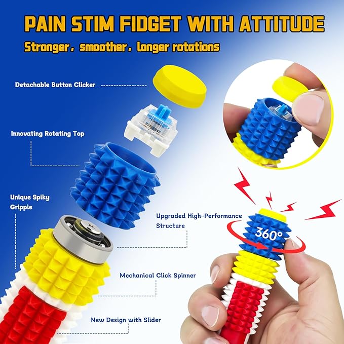 Little Ouchies Spiky Sensory Fidget Toy for Adults – Pain Stim Tool with Clicker, Spinner, Slider, Roller & Spiky Grip | 5‑in‑1 Stress & Anxiety Relief, Portable Keychain(Lego Colors)