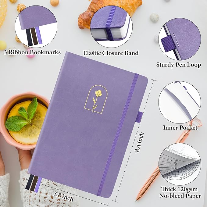 Premade Bullet Style Notebook with Undated Weekly & Monthly Planner, Dotted Journal with Pre-made Bullet Planner Stencils, Dot Grid Journaling with Habits & Mood Tracker, 12 Month Organization, A5