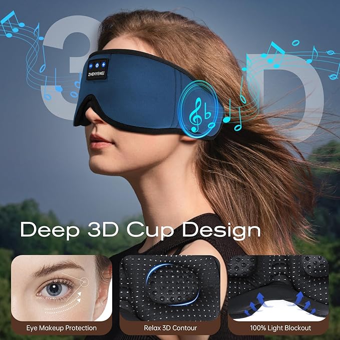 3D Sleep Mask with Bluetooth Headphones, Sleeping Headphones for Side Sleepers, Wireless Music Eye Mask with Ultra-Thin Stereo Speakers for Men, Women, Tech Gifts, Deep Blue