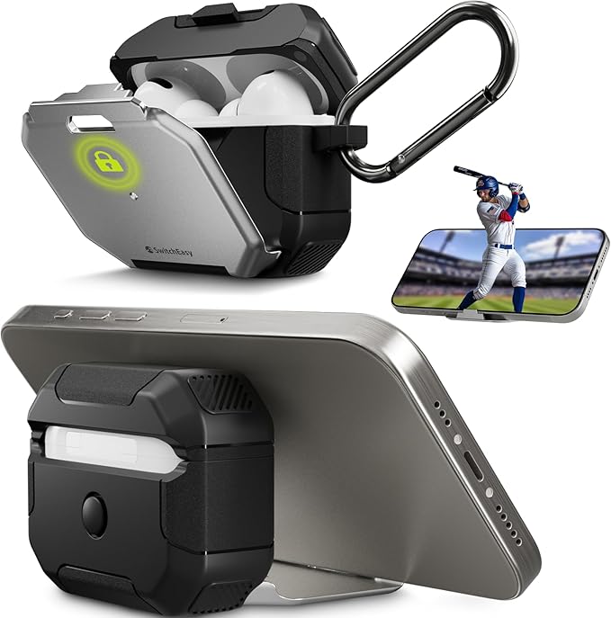 SwitchEasy Defender+ AirPods Pro Locking Case 2nd Generation & 1st Generation - Wireless Charging Case with Phone Stand, Shockproof Protection for Apple AirPods, AirPod Pro Case with Lock - Silver