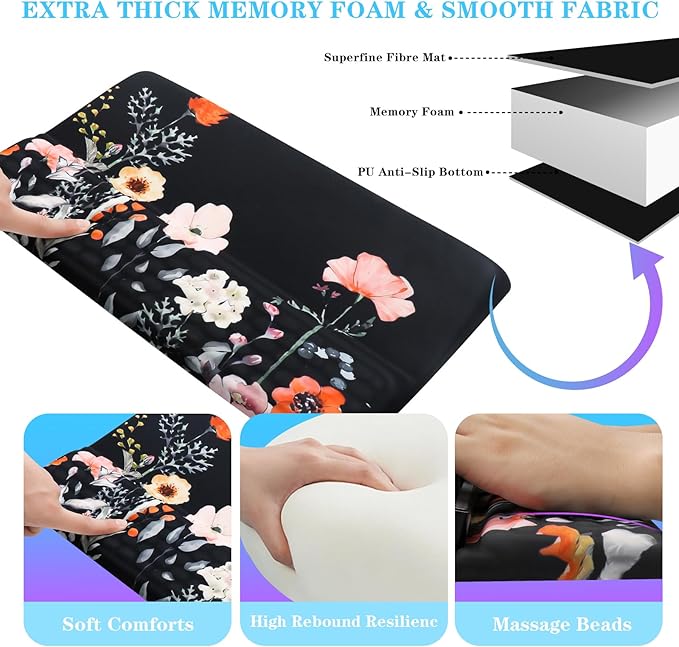 Computer Keyboard Stand with Wrist Rest, Ergonomic Tilted Keyboard Holder - Keyboard Riser with Wrist Pad - Keyboard Tray Support for Office Home - Black Flowers