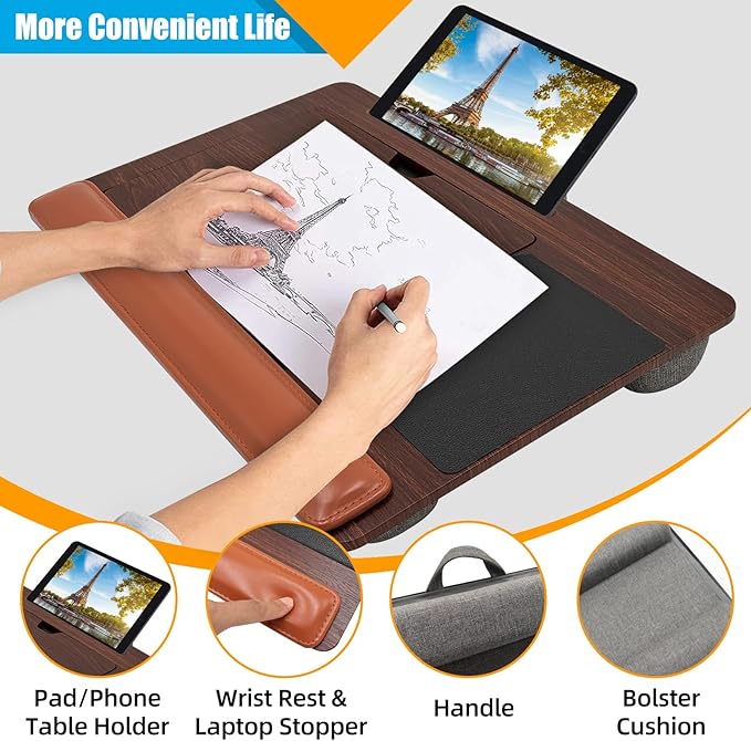 Adjustable Angle Laptop Tray with Leather Wrist Pad - Wooden Lap Desk with Cushion, Laptops Table for Couch,Bed, Fits Laptops Up to 17 Inches, Lap Laptop Desk with Mouse Pad, Brown