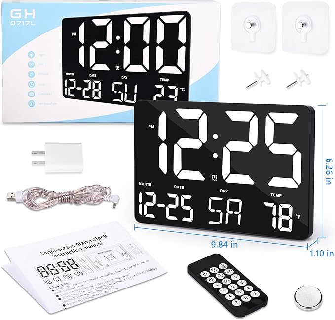 Amgico Digital Alarm Clock with Snooze, Temperature, Auto Dimming, 11.5" Large Display Calendar, Desk/Wall Clock for Bedroom, Living Room, Office, Home, Classroom, Kids, Elderly - White