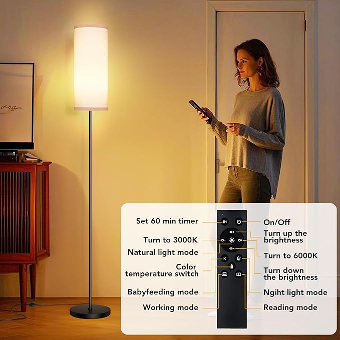 PARTPHONER Modern Floor Lamp with Remote Control - Stepless Dimmable LED Bulb, Adjustable Color Temperature & Brightness, Minimalist Tall Lamp for Living Room, Bedroom, Office, White