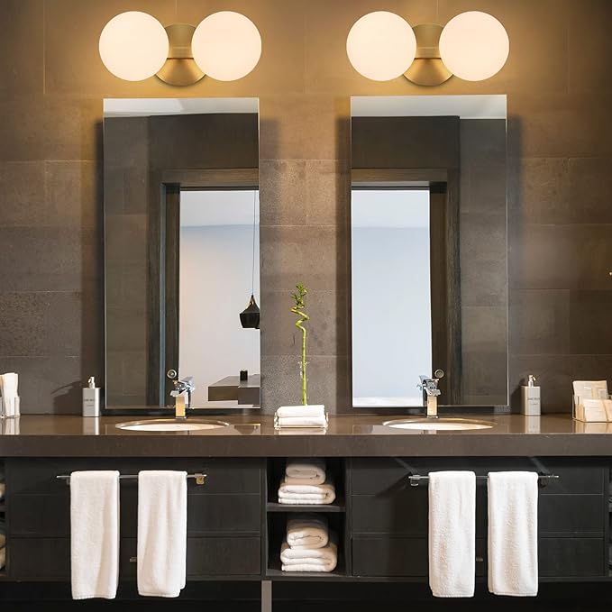 Bathroom Vanity Light Fixtures, Modern 2 Lights Globe Wall Sconce Lighting Aged Brass, Porch Wall Mount Light Fixture for Bathroom, Mirror Cabinets Hallway Stairs