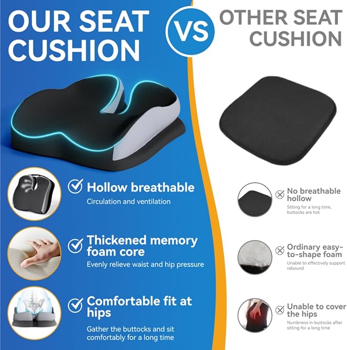 Seat Cushions for Office Chairs Wheelchair Cushion for Long Sitting Back Pain，Memory Foam Seat Car Computer Desk Chair Cushion，Coccyx Cushion for Tailbone Pain Relief Cushion Office Chair Butt Pillow