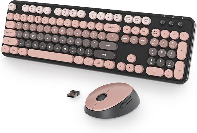 Fogruaden Pink Keyboard and Mouse Wireless, Retro Typewriter Keyboard, 2.4GHz 104 Keys Full Size Cute Keyboard with Number Pad, Gradient Colorful Round Keycaps for Windows PC Desktops Laptop