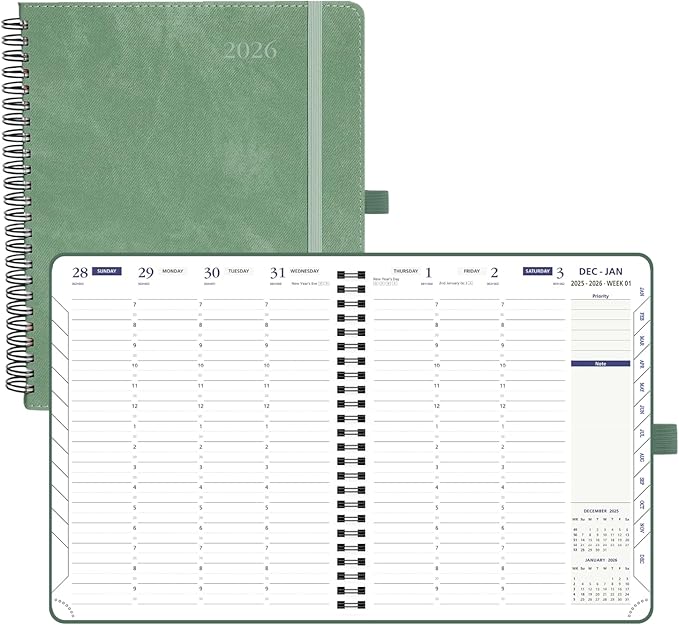 POPRUN 2026 Weekly Planner 30-Mintue (Medium 7'' x 8.5'') - From Jan 2026 to Dec 2026 - Two Pages Per Week Appointment Book with Monthly Tabs, Softcover, Inner Pocket, Pen Holder - Midnight Green