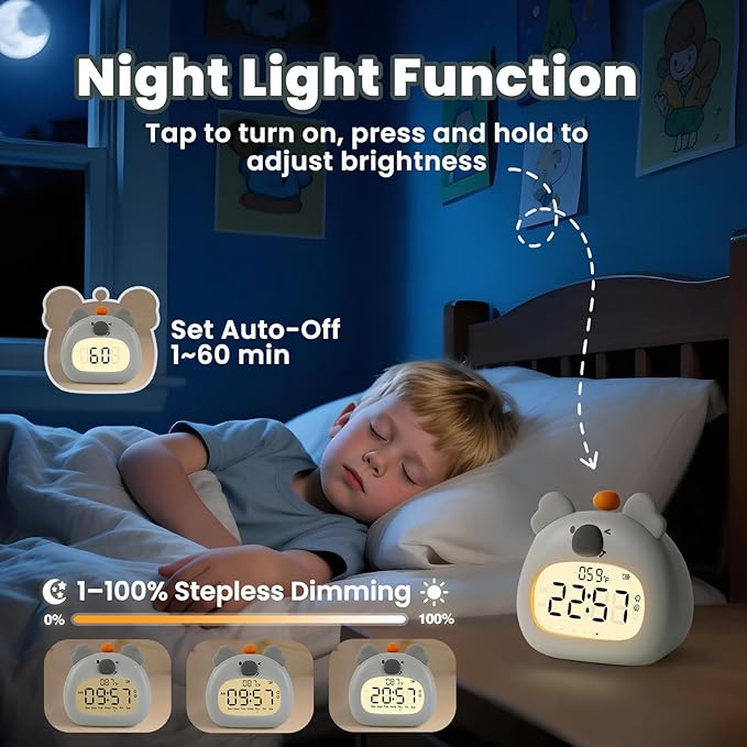 Koala Alarm Clock with Night Light for Kids – Cute Digital Sleep Trainer with LED Display, 3 Alarms, Countdown Timer, Adjustable Brightness – Rechargeable Bedside Clock for Boys and Girls