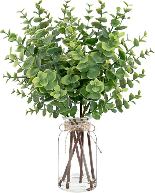 Artificial Eucalyptus Stems in Glass Vase with Faux Water,Artificial Plants Eucalyptus Leaves for Shelf Desk Bathroom Farmhouse Room Coffee Table Home Decor, Central Decoration.