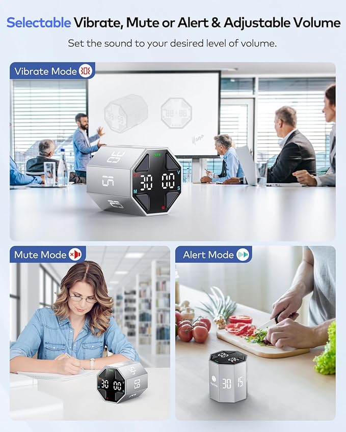 Pomodoro Timer Cube, Custom Pomodoro, Pause & Resume, Silent, Vibrate & Adjustable Sound Alert, for ADHD, Task, Work, Study, 3/5/10/15/30/45/60min & Custom Countdown,Silver