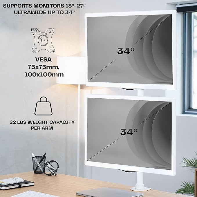 VIVO Dual Monitor Desk Mount Stand with Height Adjustment and VESA Plates for 2 LCD Ultrawide Screens up to 34 inches, Stacked Array, STAND-V002RW