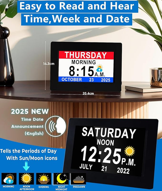 MASSII 19 Alarms Digital Talking Clock with Loud Voice Time Date, Auto DST, 20 Custom Reminders, 10-Level Dimmer, Sleep Trainer, Speaking Day Date Calendar Clock for Seniors Dementia- with Remote