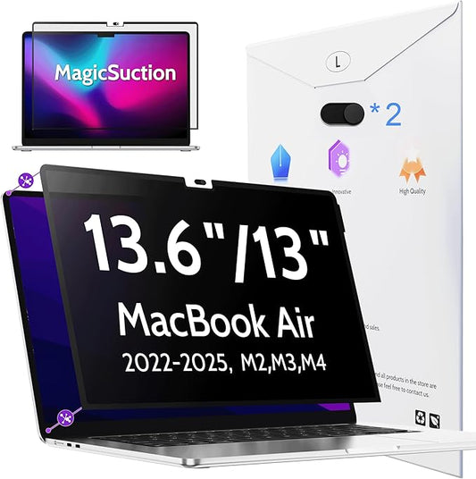 Privacy Screen for MacBook Air 13.6/13 Inch (2022-2025, M2, M3, M4) - A2681, A3113, A3240 MagicSuction™ Removable Anti Spy Black Protector, Glare Blue Light Filter for Mac Laptop Computer