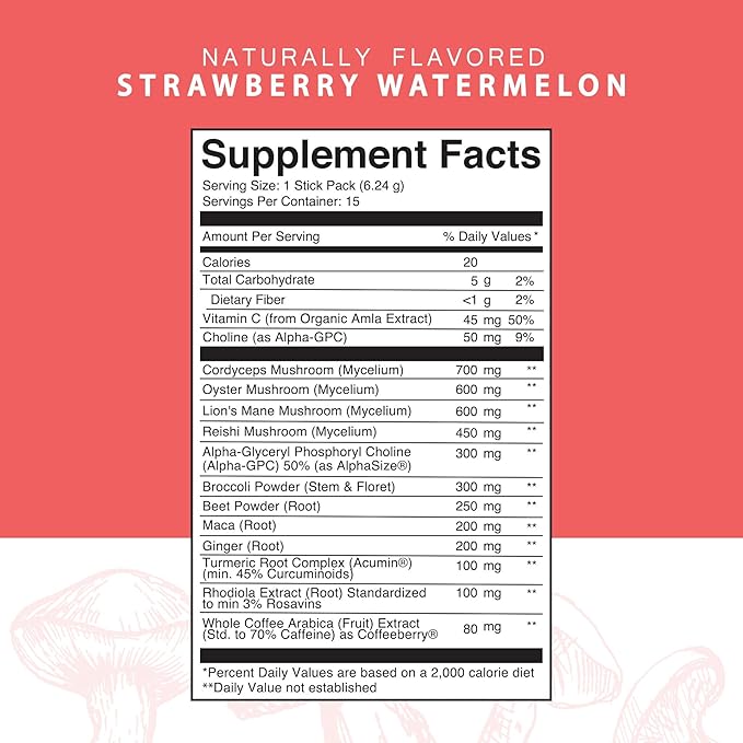 Roots Focus Nootropic Brain Supplement, Strawberry Watermelon, Blend of Lion's Mane, Cordyceps, and Reishi Functional Mushrooms with Extended-Release Caffeine, 15 Servings