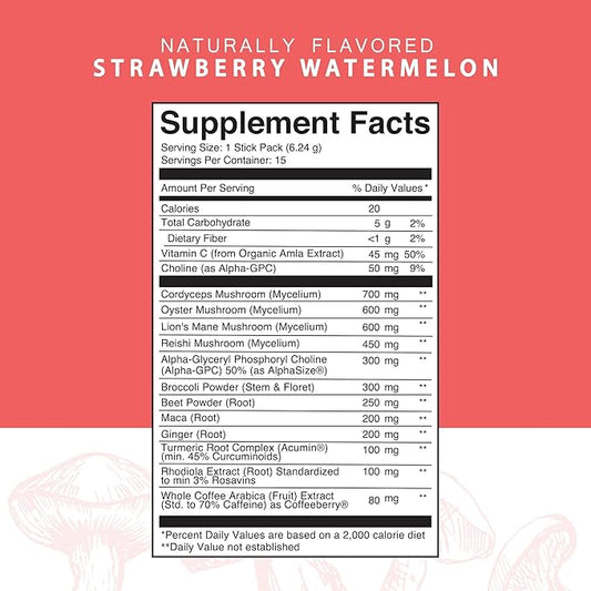 Roots Focus Nootropic Brain Supplement, Strawberry Watermelon, Blend of Lion's Mane, Cordyceps, and Reishi Functional Mushrooms with Extended-Release Caffeine, 15 Servings