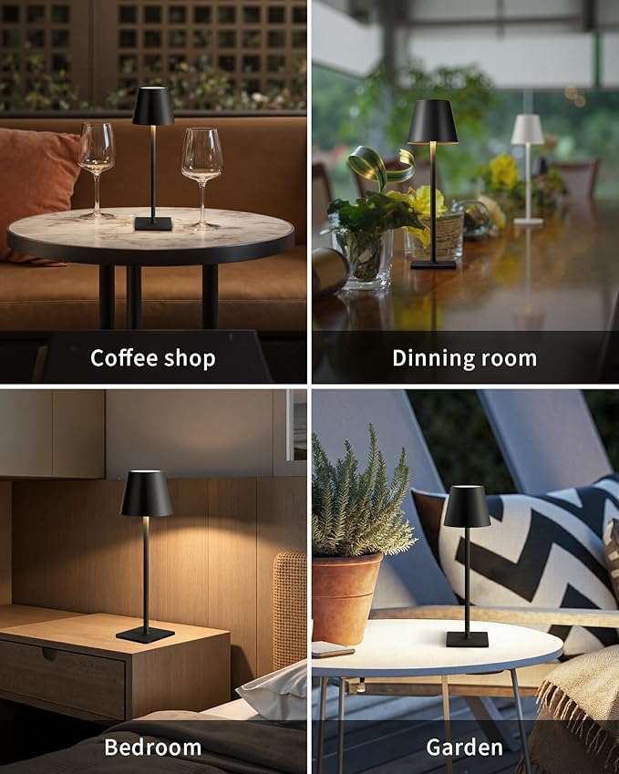 KDG 2 Pack Cordless Table Lamp, Portable LED Desk Lamps, 5000mAh Battery Operated, 3 Color Stepless Dimming Up, for Restaurant, Bedroom, Outdoor Camping, Coffee Shop, Night Light, Rechargeable (Black)
