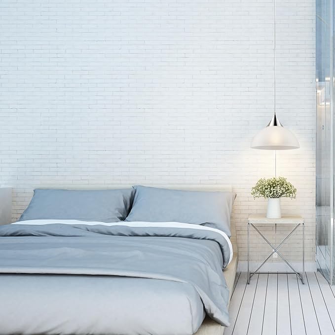 GLOBE Electric 64413 1-Light Plug-in Pendant, Brushed Steel, Frosted White Shade, 15ft Clear Cord, in-Line On/Off Switch, E26 Base Socket, Kitchen Island, Café, Hanging Light, Bulb Not Included