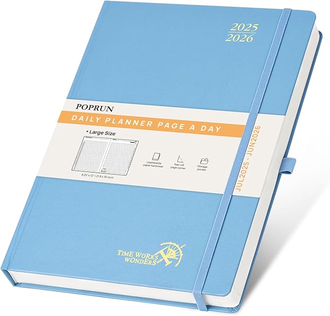 POPRUN 2025-2026 Daily Planner One Page Per Day (Large - 8.25'' x 12'') - Academic Calendar (July 2025 - June 2026), 2025 Day Appointment Book with Monthly Tabs, Hardcover - Haze Blue