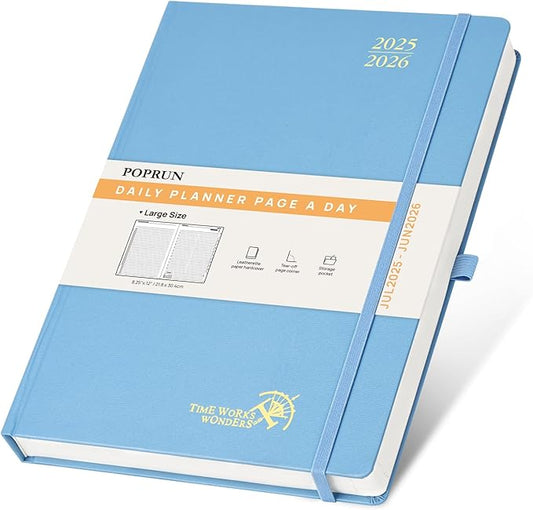 POPRUN 2025-2026 Daily Planner One Page Per Day (Large - 8.25'' x 12'') - Academic Calendar (July 2025 - June 2026), 2025 Day Appointment Book with Monthly Tabs, Hardcover - Haze Blue