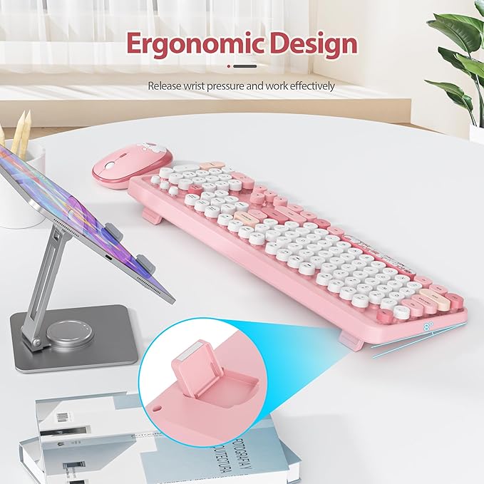 Fogruaden Wireless Keyboard and Mouse Combo, Pink Retro Typewriter Keyboard, 2.4GHz Full Size Round Keycap Cute Computer Keyboard with Number Pad, Pink Colorful Keyboard for Windows PC Laptop(Pink)