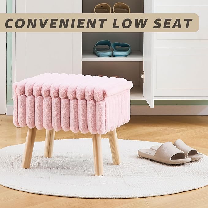 Wimarsbon Storage Ottoman,Soft Faux Fur Footstool with Padded Seat, Small Reading Vanity Chair, Footrest with Wood Tray for Couch, Mini Coffee Table or Display Stand (Pink, Rectangular Storage)