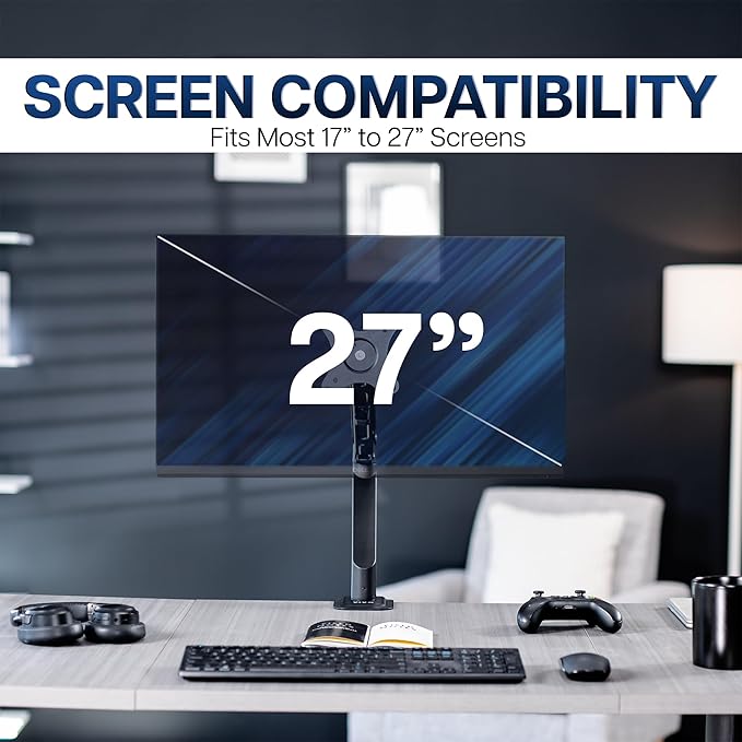 VIVO Articulating Single 17 to 27 inch Pneumatic Spring Arm Clamp-on Desk Mount Stand, Fits 1 Monitor Screen with Max VESA 100x100, Black, STAND-V101O