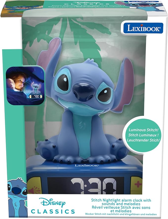 LEXiBOOK, Disney Stitch, Stitch Nightlight Alarm Clock, Sounds and Melodies, LCD Backlit Screen, Luminous, Snooze, Blue, RL800D