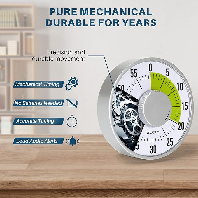 Secura 60-Minute Visual Timer 6-Inch Mechanical Countdown Timers for Teaching, Meeting, Cooking, Working - Timer for Kids with Magnetic Backing, Foldable Legs, Hanging Hole (Green)