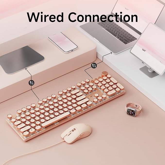 EWEADN Wired Typewriterkeyboard and Mouse Combo, Typewriter Style Mechanical Gaming Keyboard,104 Keys Backlit LED Keyboards, Media Control Knob, Wired Keyboard Pink Switch for Windows/Mac/PC-Pink