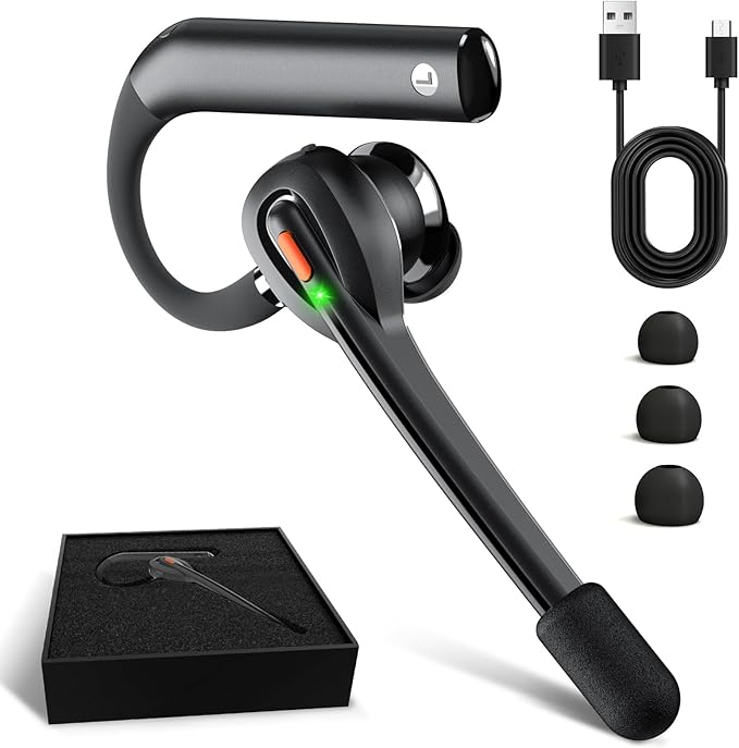 Single Ear Bluetooth Headset with Dual Mic, 50dB AI ENC Call Background Noise Cancelling Wireless Earpiece for Trucker Driver, Business Office, Home Work