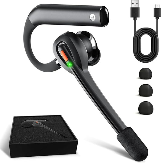 Single Ear Bluetooth Headset with Dual Mic, 50dB AI ENC Call Background Noise Cancelling Wireless Earpiece for Trucker Driver, Business Office, Home Work