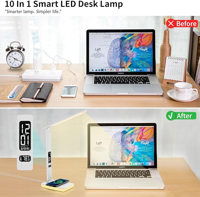 LED Desk Lamp with Wireless Charger, USB Charging Port, Reading Lamp Desk Light with 5 Brightness, 3 Colors, Table Lamp with Clock, Alarm, Date, Temperature, Desk Lamp for Home Office Study (White)