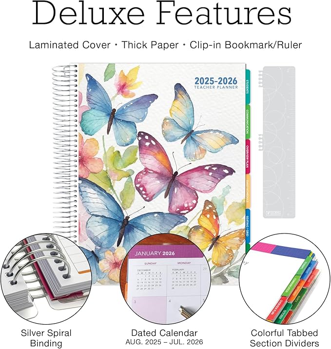 Aug 2025-Jul 2026 Deluxe Teacher Planner Notebook 8.5x11 Daily Weekly Monthly Organizers with 7 Periods, Pocket Folder, Dated Calendar, Page Tabs, Bookmark and Planning Stickers (Watercolor Butterflies)