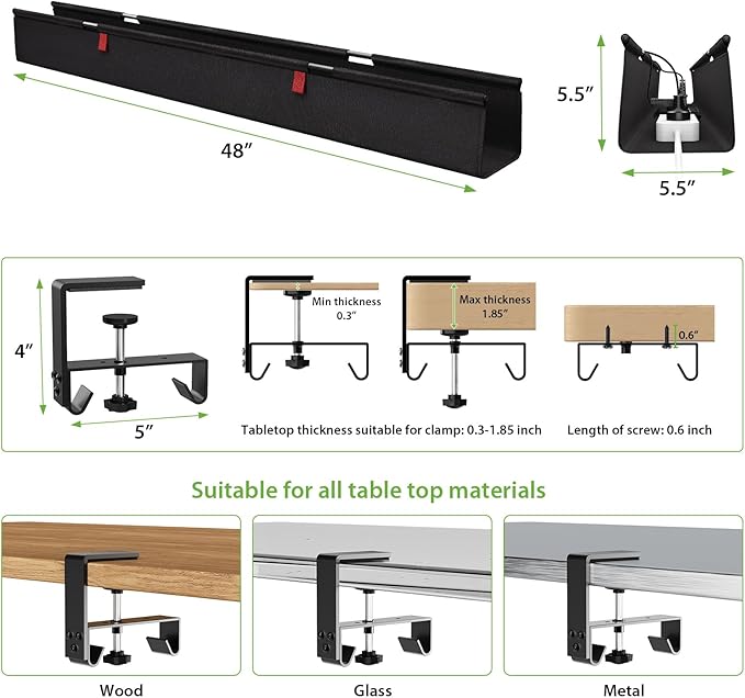 KEEGH Extra Large 48" Under Desk Cable Management Tray - Under Desk Cord Management - Clamp/Screw Mount - Support Upto 70lbs - Fabric Wire Management - Cable Raceways Tray Cord Hiders for Office/Home