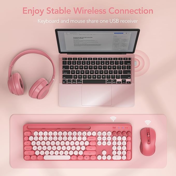Wireless Keyboard and Mouse Combo, Retro Round Keycap Typewriter Keyboard with Phone/Tablet Holder, Cute Colorful Keyboard for Computer/Laptop/Windows by SABLUTE (Pink)
