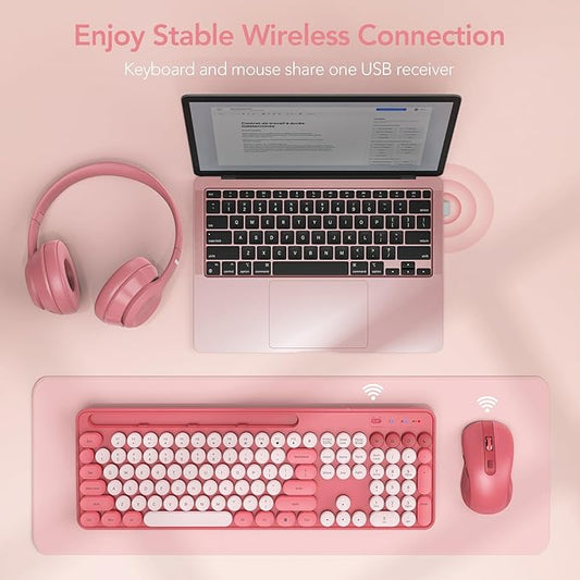 Wireless Keyboard and Mouse Combo, Retro Round Keycap Typewriter Keyboard with Phone/Tablet Holder, Cute Colorful Keyboard for Computer/Laptop/Windows by SABLUTE (Pink)