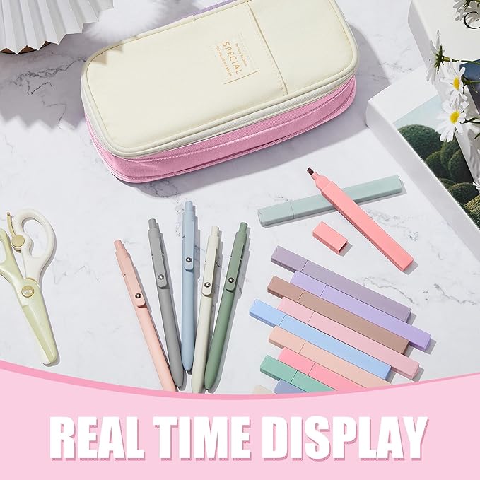 Henoyso 18 Set Aesthetic School Supplies Include Big Capacity Study Pen Bag with Zipper 12 Pcs Chisel Tip Bible Highlighters 5 Pcs Quick Dry Retractable Black Ink Pens for Student Office(Pink)