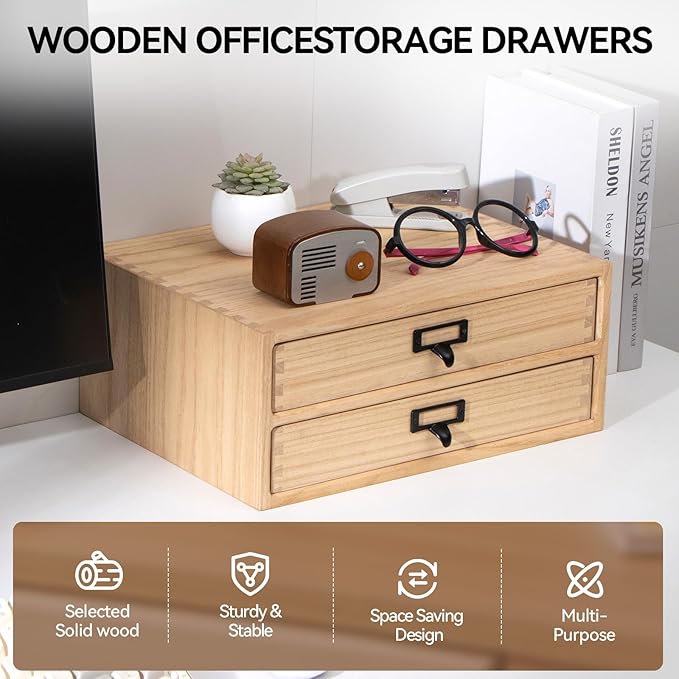 Kirigen Natural Wood Desktop Storage Cabinet -Shallow Type Drawers - Fax Stand with metal handle - Small File organizer Size 13.78"L*10.6"W*5.9"H(NA, 2-Layer &2 Drawers)