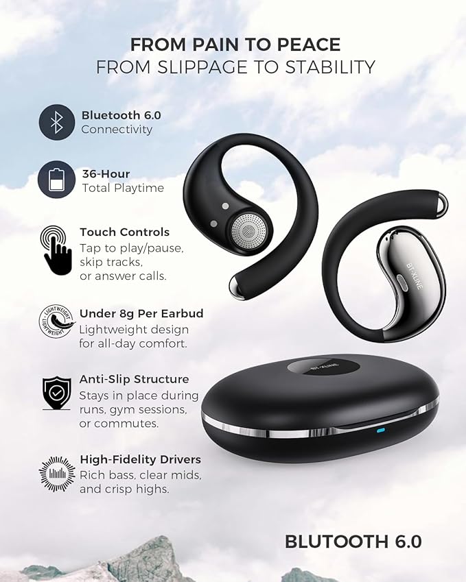 Open Ear Bluetooth Headphones, Ear Hook Headphones, Wireless Ear Buds with Earhooks, Touch Control Earphones Sport Headsets for Running, Hiking & Outdoors