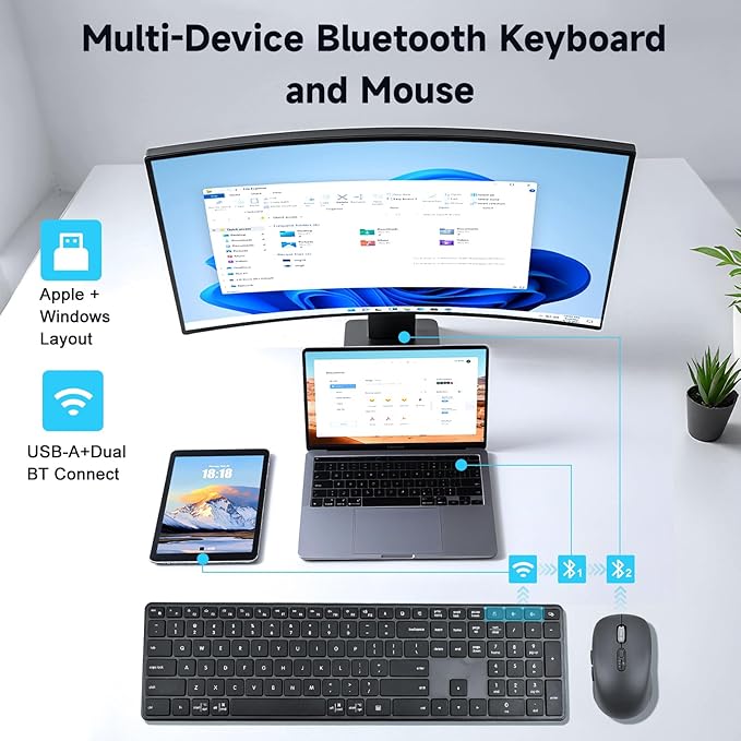 M9250 Wireless Keyboard Mouse Combo,Scissors Mechanism QWERTY Silent Wireless Bluetooth Keyboard and Ergonomic Mouse Set for Windows, iOS, Android, Computer Desktop PC Laptop iPad