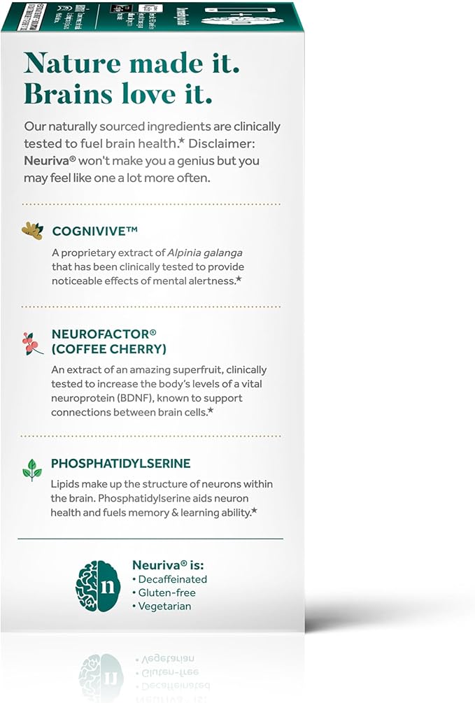 NEURIVA Ultra Decaffeinated Clinically Tested Nootropic Brain Supplement for Mental Alertness, Memory, Focus & Concentration, Cognivive, Neurofactor, Phosphatidylserine, Vitamins B6 B12, 60 Capsules