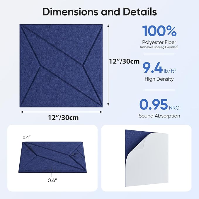 12 Pack 12" X 12" X 0.4" Acoustic Panels for Wall Sound Absorbing, P-Stripes Square Self-Adhesive Sound Panels, High Density Suitable for Multiple Scenarios(Sapphire Blue)