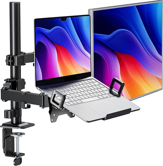 monTEK Monitor Mount and Laptop Stand for Desk, Adjustable Height Monitor Arm Fit up to 32 inch Screen and 17 inch Laptop, Hold up to 22lbs Weight, C-Clamp and Grommet